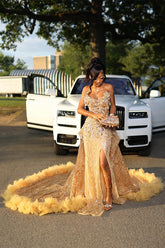 Gold Champagne Lace Crystal Sweetheart Side Slit Prom Dress